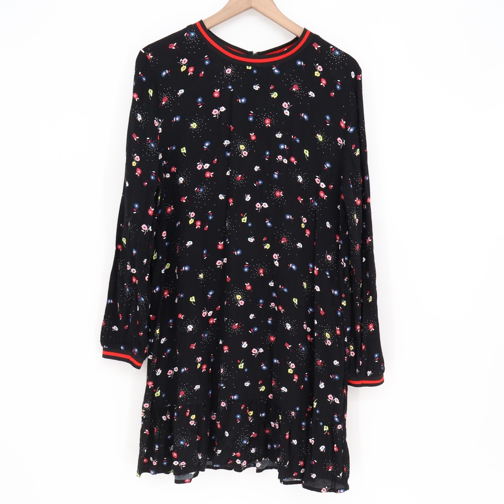 POPSUGAR Dress Womens L Floral Shift Black Ruffle Hem Ribbed Trim Excellent